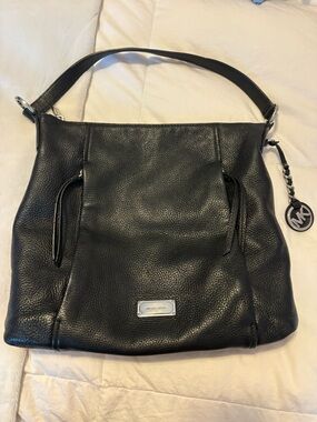 Michael Kors Black Pebbled Leather Shoulder Bag with Logo Charm